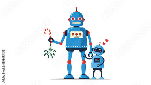 Cute cartoon of a father and child robot holding hands, with the parent holding mistletoe for a festive holiday theme.