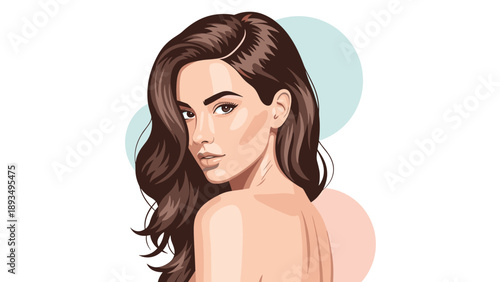 Beautiful illustrated portrait of an attractive young woman with long, wavy brown hair looking over her bare shoulder.