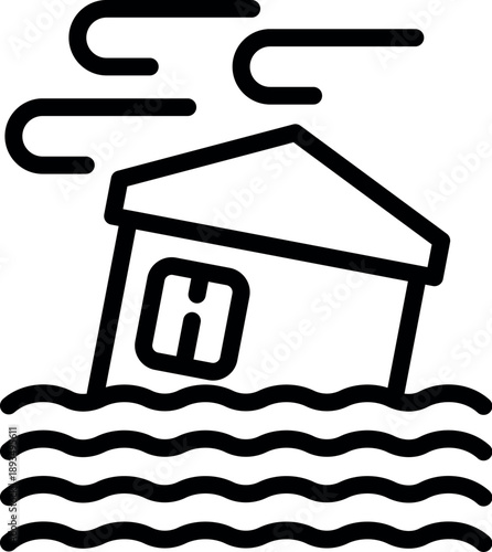 Flood destroying house during natural disaster with strong wind blowing