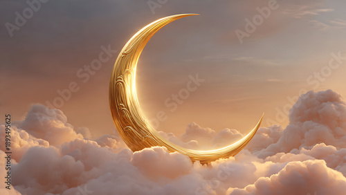 Golden islamic crescent moon rises above fluffy clouds at sunset.