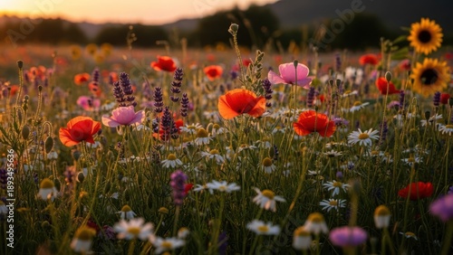 Field of colorful wildflowers under warm sunlight