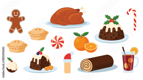 Collection of traditional festive Christmas food and desserts including roast turkey, pudding, yule log, and mulled wine.