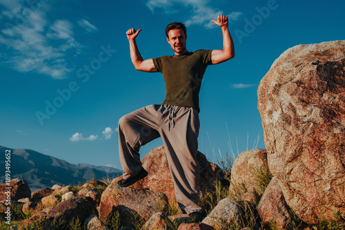 Motivated young man showing thumbs up with both hands on rocks
