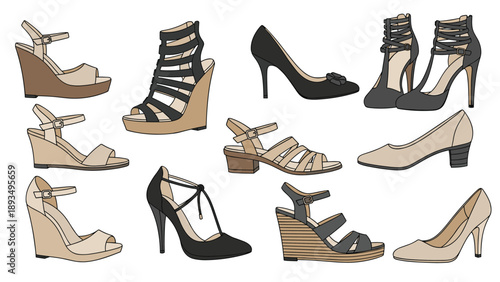 Collection of assorted stylish women's shoes, including high heels, wedge sandals, and classic pumps in various designs.