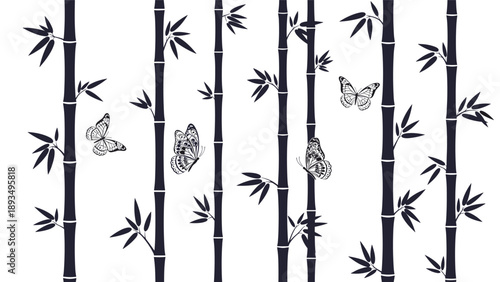 Elegant and seamless black and white pattern of bamboo stalks and flying butterflies, in a minimalist Japanese ink style.