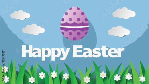 Easter holiday banner with purple egg and flowers