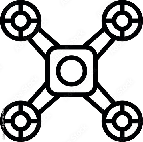 Simple black and white line art icon of a drone flying, showing propellers and central body