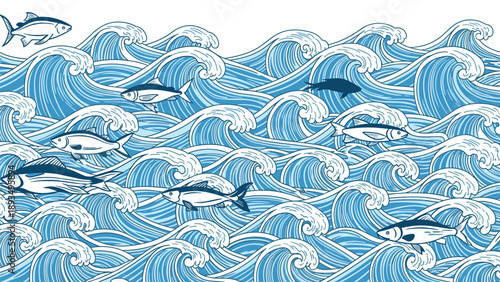Seamless pattern of fish swimming among stylized ocean waves in a traditional Japanese ukiyo-e artistic style.