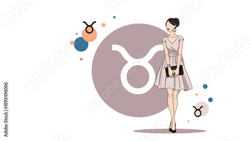 Modern fashion illustration of a stylish woman posing next to the large astrological symbol for the Taurus zodiac sign.