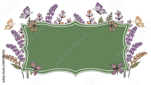 Beautiful vintage frame bordered by hand-drawn lavender flowers and fluttering butterflies, with a green background for text.