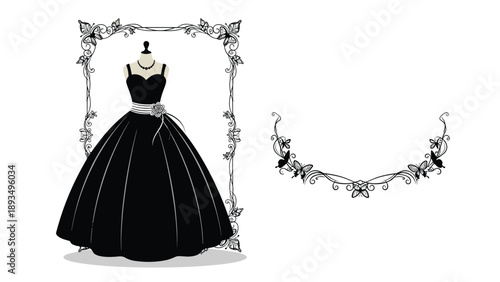 Elegant black and white fashion illustration of a ball gown on a mannequin inside an ornate frame with a decorative element.