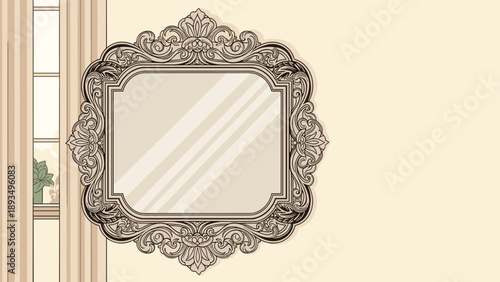 Elegant illustration of a highly ornate vintage mirror with an intricate frame hanging on a wall with copy space.