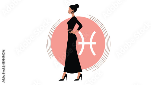 Modern minimalist fashion illustration of a stylish woman's silhouette against the astrological symbol for the Pisces zodiac sign.