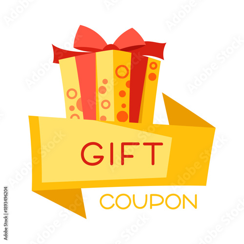 Gift card or coupon. Colorful present gift box for celebration, discounts or promotions.