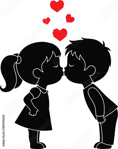 Cute kids silhouette kissing with hearts symbolizing innocent childhood love romance vector illustration flat black design minimal art style concept