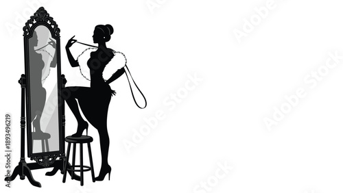 Elegant black and white silhouette of a glamorous woman in vintage attire looking at her reflection in an ornate mirror.