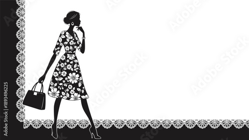 Elegant black and white illustration of a fashionable woman in a floral dress, framed by a delicate lace border.