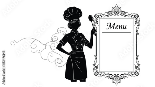 Silhouette of a professional female chef standing next to an ornate vintage frame with a blank menu for a restaurant.