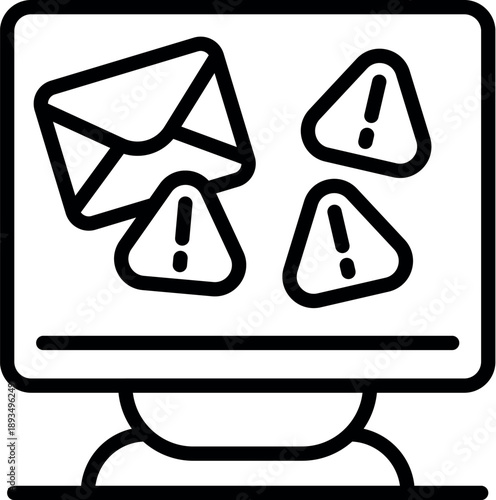 Desktop computer displaying multiple warning notifications and an email message icon, indicating potential security alerts or important updates