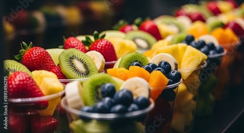 Fresh fruit cups with strawberries kiwi and berries
