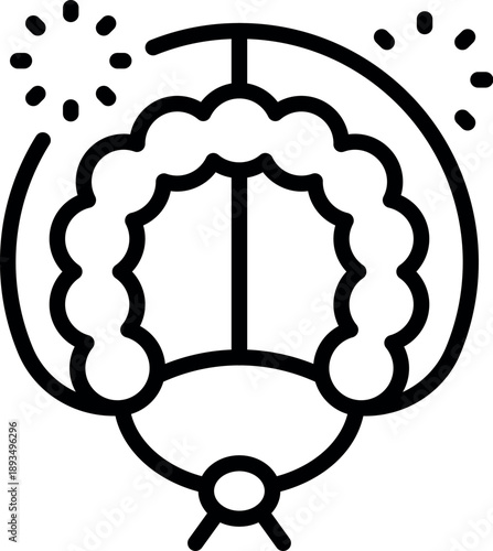 Line art icon of a judge wig with fireworks, representing celebrations in the legal field