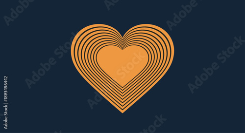Stylized orange heart graphic made of multiple concentric outlines creating a rhythmic pattern on a dark navy blue background.