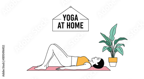 Young woman practicing a relaxing yoga bridge pose on a pink mat at home with a potted plant and sign on the wall.