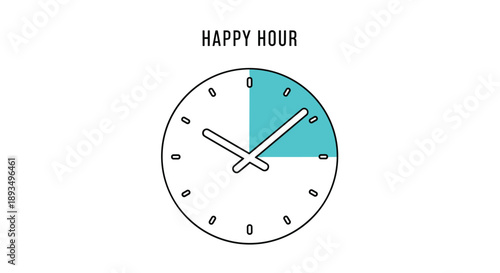 Minimalist clock icon with text happy hour indicating a specific time frame with a blue highlighted segment on the watch face.