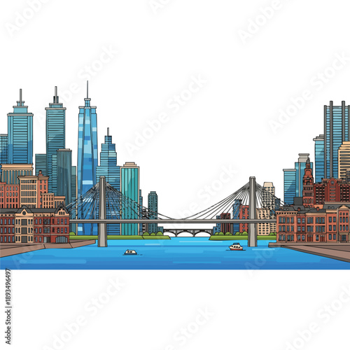 Modern urban city skyline vector illustration featuring tall blue glass skyscrapers and a large suspension bridge over a river