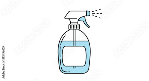 Simple blue and white illustration of a plastic spray bottle with a mist of cleaning liquid or disinfectant for sanitation.