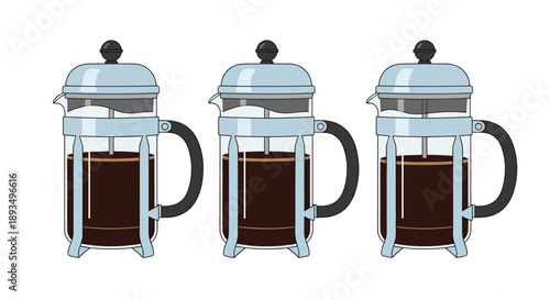 Row of three classic blue french press coffee makers filled with fresh dark brew isolated on plain white background for kitchenware concept.