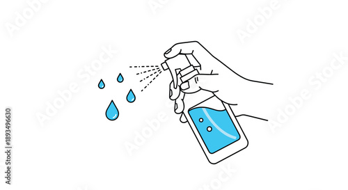 Line art illustration of a hand holding a blue spray bottle and spraying liquid droplets for cleaning or sanitization purposes on white.