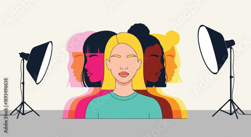 Diverse female fashion models in photography studio with lights vector