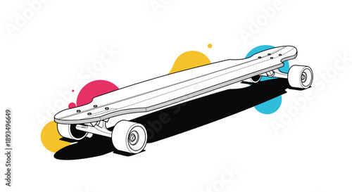 Sleek longboard skateboard illustration with bold black outlines and colorful abstract circles in the background for sports and urban lifestyle.
