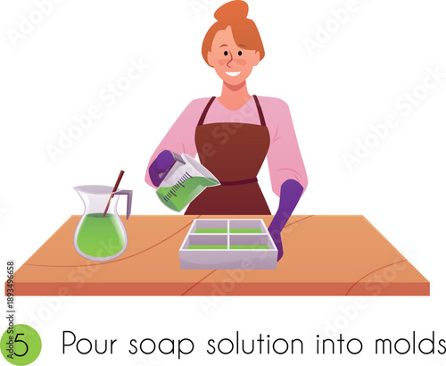 Woman making handmade natural soap, pours soap solution into molds, vector cosmetic product creation process infographic