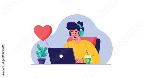 Colorful illustration of a person wearing a headset working on a laptop with a floating heart icon and a coffee cup on the desk.