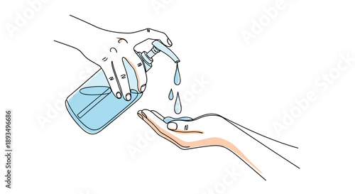 Hand drawn style illustration showing a hand pressing the pump of a liquid soap bottle and droplets falling onto another open palm for washing.