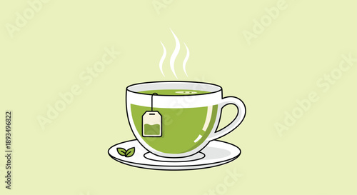 Calm and fresh illustration of a white ceramic cup and saucer filled with green tea and a tea bag with steam rising against a light green background.