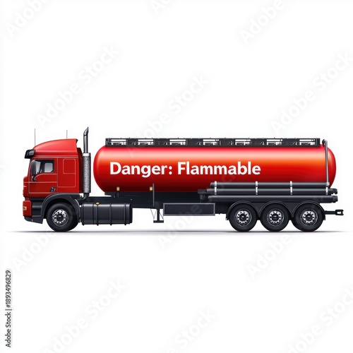 Flammable Tanker Truck isolated on white background. Fuel Truck icon. Industrial Vehicle. Hazardous Oil Tanker Truck. Flammable Fuel Transport Truck. Heavy Dangerous Goods Vehicle on white.