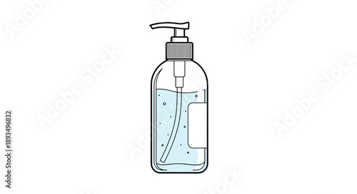 Simple and clean line art illustration of a clear plastic pump bottle filled with blue liquid soap or sanitizer for hygiene themes.