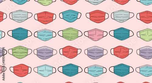 Colorful seamless pattern showing a variety of surgical face masks in various colors on a soft pink background for safety concepts.