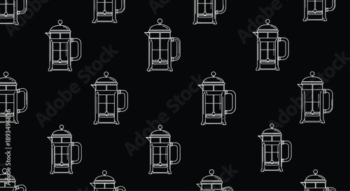 Elegant repeat pattern of white line art french press coffee makers on a black background for coffee lovers and cafe branding.
