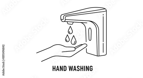 Minimalistic line art icon of an automatic touchless soap or hand sanitizer dispenser with drops falling into an outstretched hand.