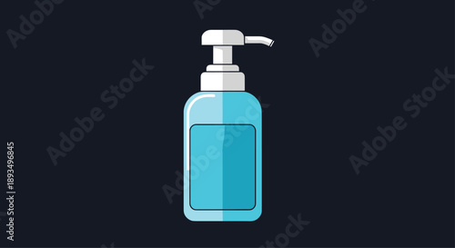 Modern flat illustration of a hand sanitizer pump bottle used for disinfecting hands against germs and viruses on a dark background.