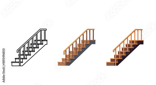 Collection of staircase icons showing wooden stairs with handrails in outline, flat color, and shaded styles for architectural design.