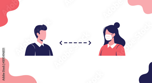 Illustration of a man and woman practicing social distancing and wearing protective face masks to prevent the spread of infections.