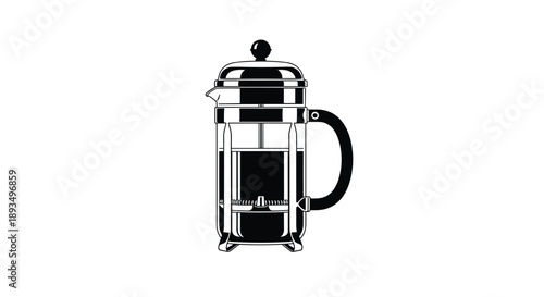 Detailed black and white vector illustration of a traditional French press coffee maker for brewing fresh ground coffee at home or cafes.