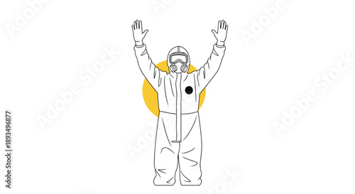 Linear illustration of a person wearing a full protective hazmat suit with a gas mask and raised hands in front of a yellow sun shape.