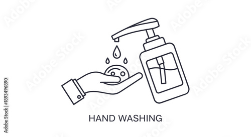 Hygiene icon showing a hand receiving liquid soap or sanitizer from a pump bottle with small droplets, rendered in a clean line art style.