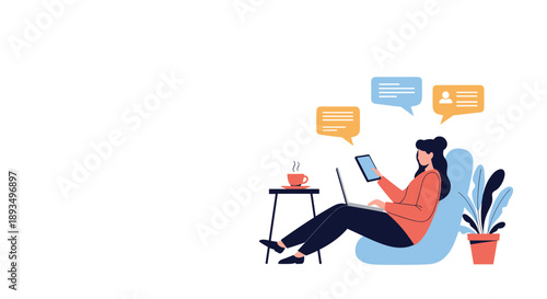 Illustration of a young woman working remotely on her laptop while sitting comfortably in a blue bean bag chair with floating chat bubbles.